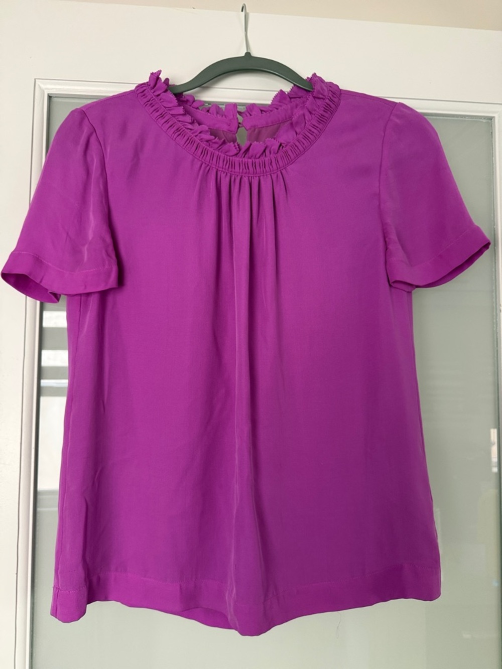 J.Crew 100% Silk Ruffle Neck Blouse | Size 4 | Vibrant Magenta